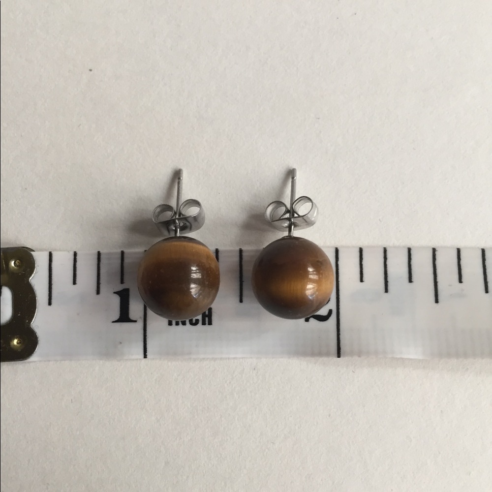 Tiger's Eye Gemstone Ball Stud Pierced Casual Minimalist Earrings - Picture 3 of 3